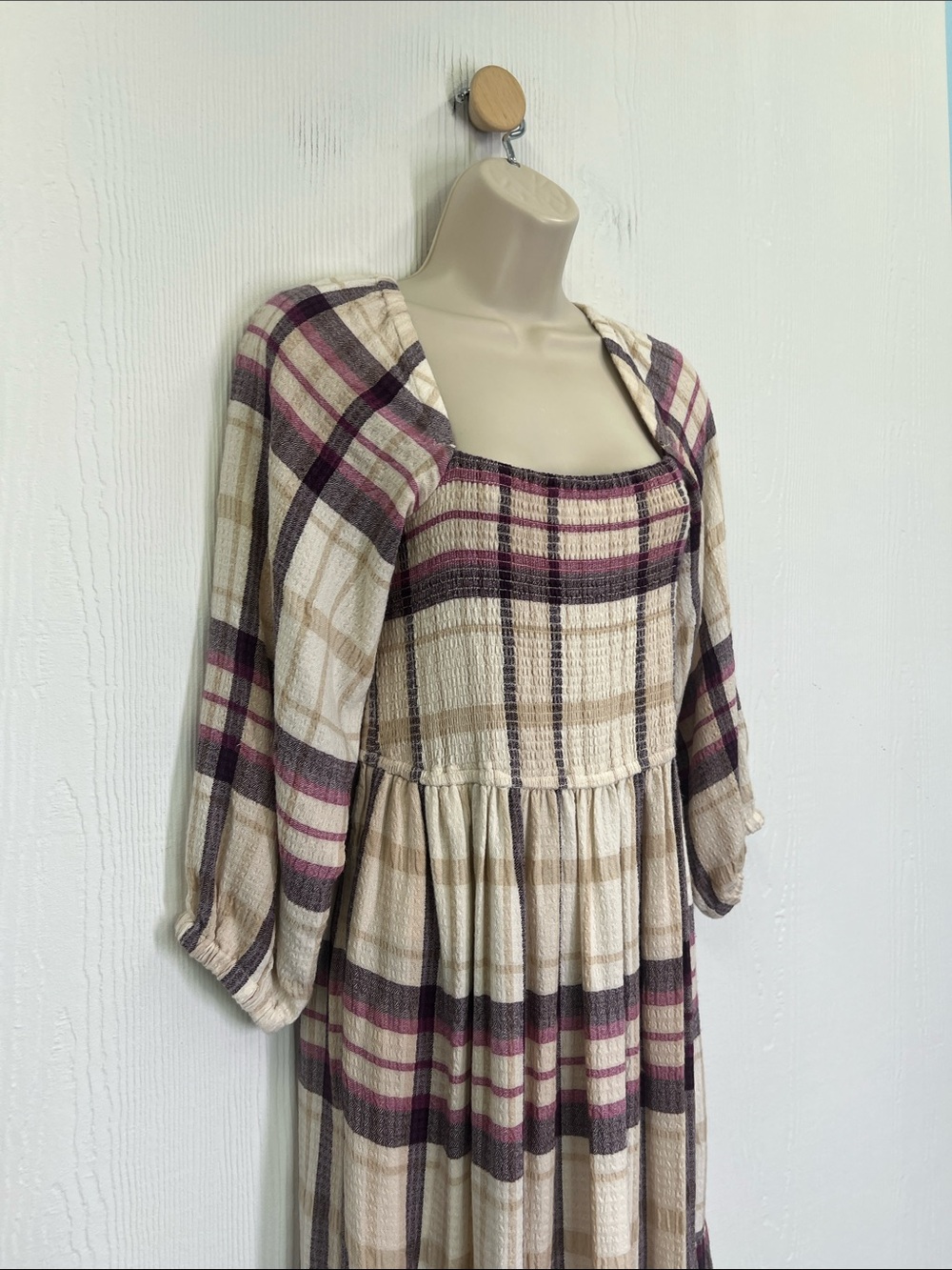 Marine Layer - Ivy Plaid Smocked Long Sleeve Square Neck Tiered Midi Dress Small - Picture 3 of 12